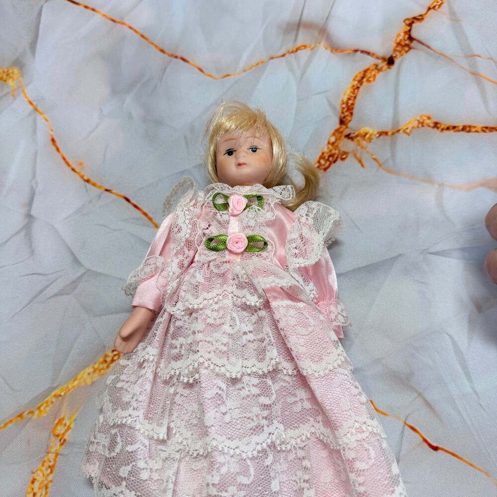 Vintage Porcelain Doll Pink Lace Dress